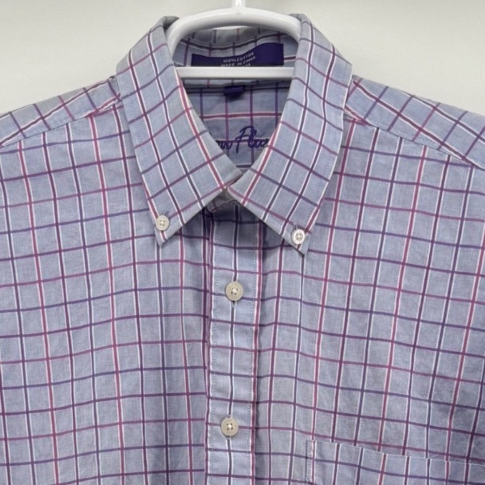 Alan Flusser Mens Medium Blue Purple Windowpane Check Cotton Button Down Shirt